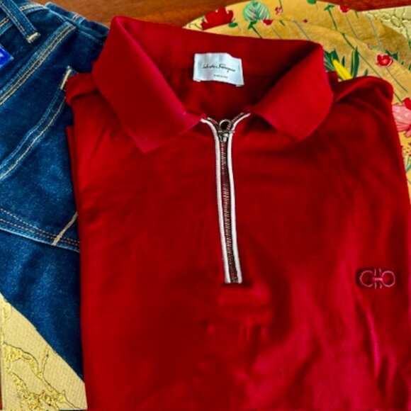Salvatore Ferragamo Men's 1/4 Zip Embroidered Pique Polo Shirt, Red, L Excellent - Picture 7 of 13